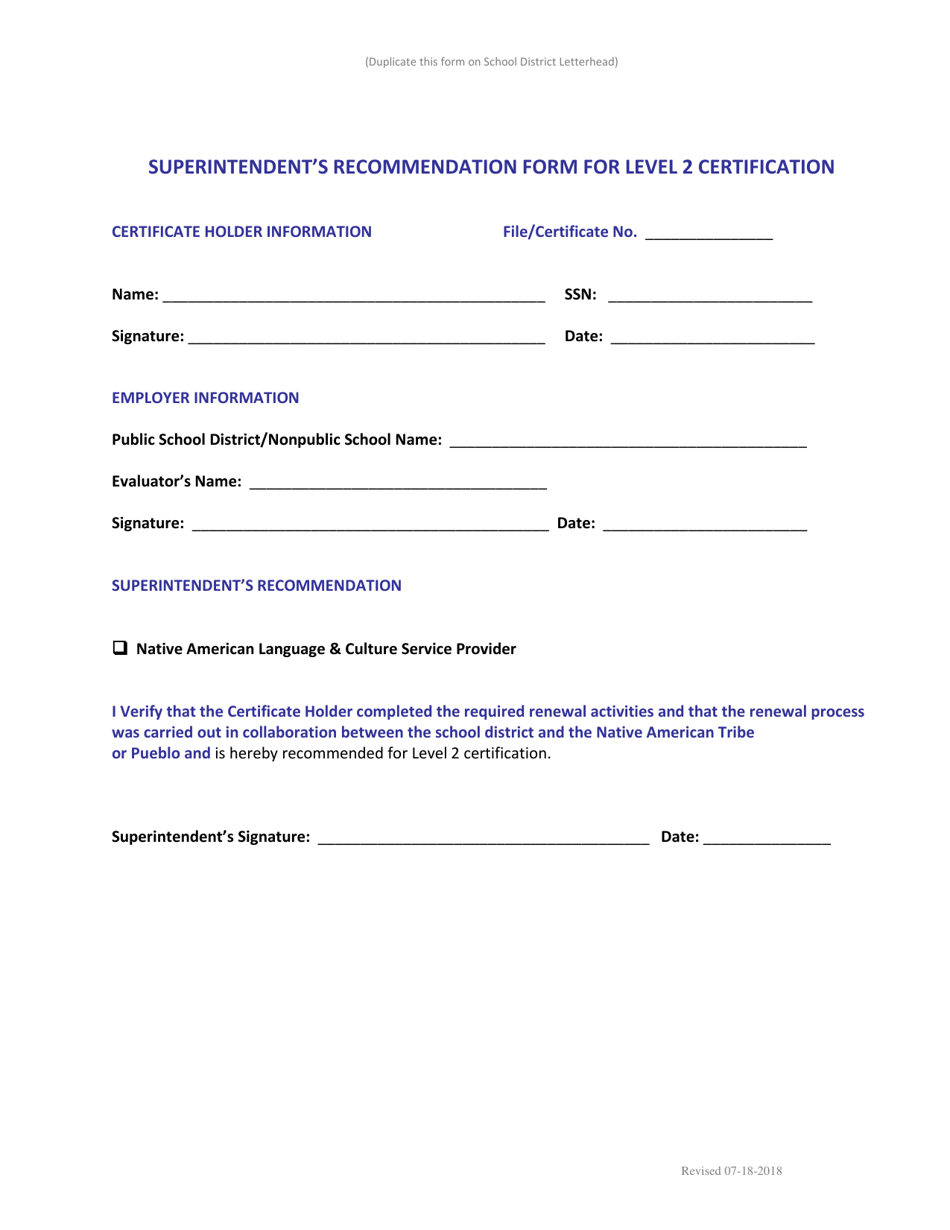 Superintendents Recommendation Form for Level 2 Certification - New Mexico, Page 1