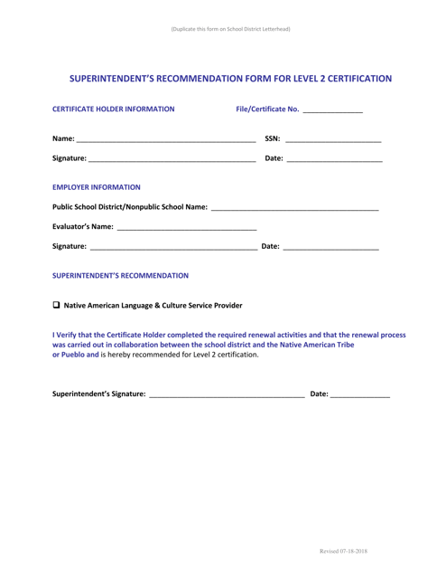 Superintendent's Recommendation Form for Level 2 Certification - New Mexico Download Pdf