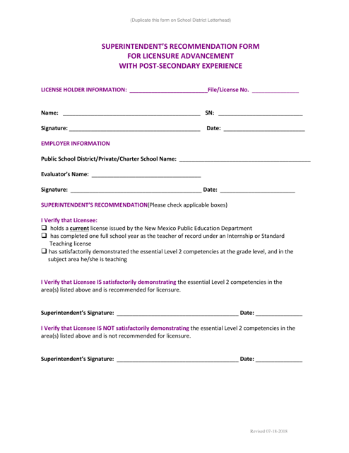 Superintendent's Recommendation Form for Licensure Advancement With Post-secondary Experience - New Mexico Download Pdf