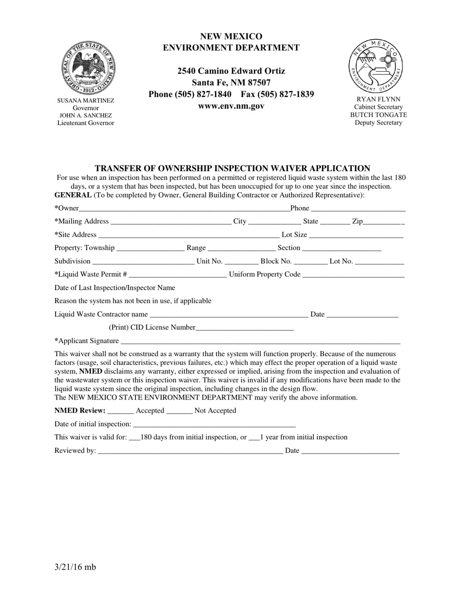 Transfer of Ownership Inspection Waiver Application - New Mexico, Page 1