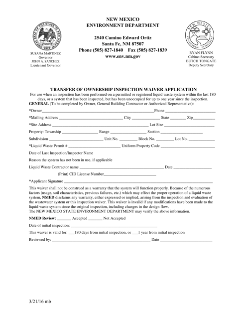 Transfer of Ownership Inspection Waiver Application - New Mexico