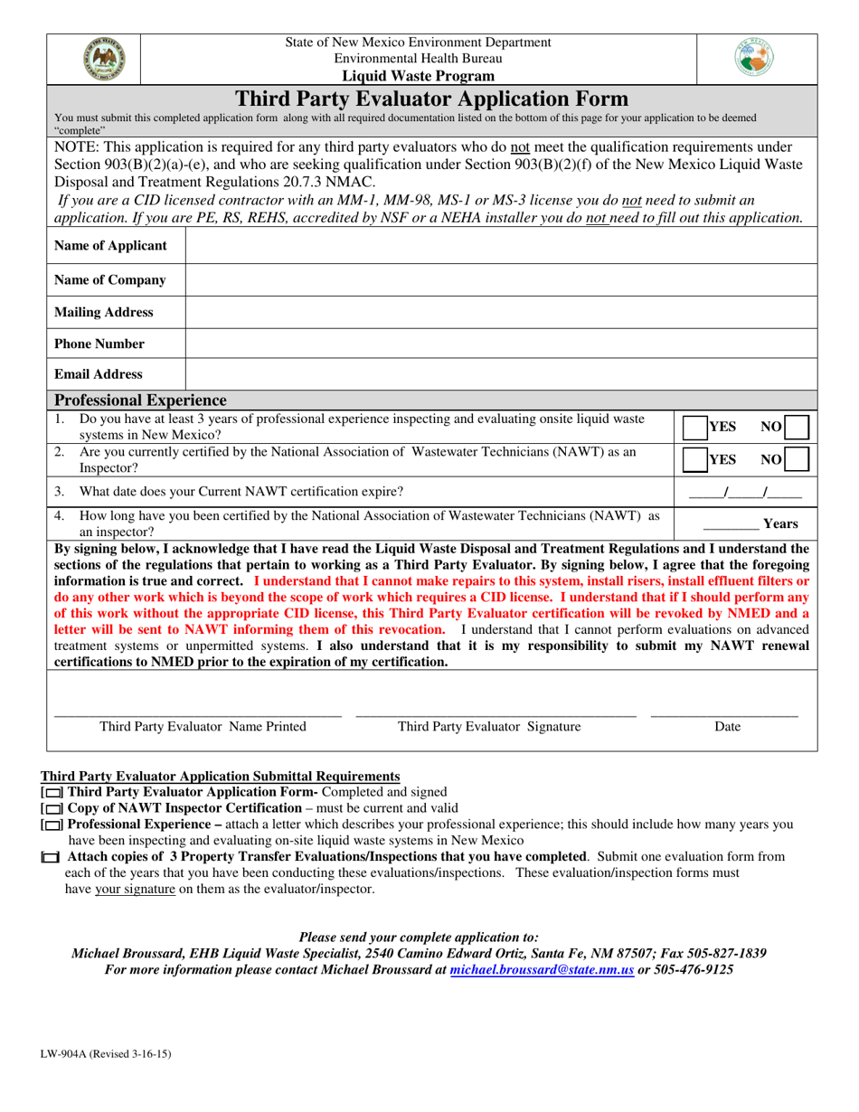 Form LW-904A Third Party Evaluator Application Form - New Mexico, Page 1