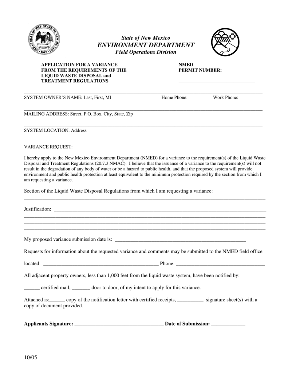 Application for a Variance From the Requirements of the Liquid Waste Disposal and Treatment Regulations - New Mexico, Page 1