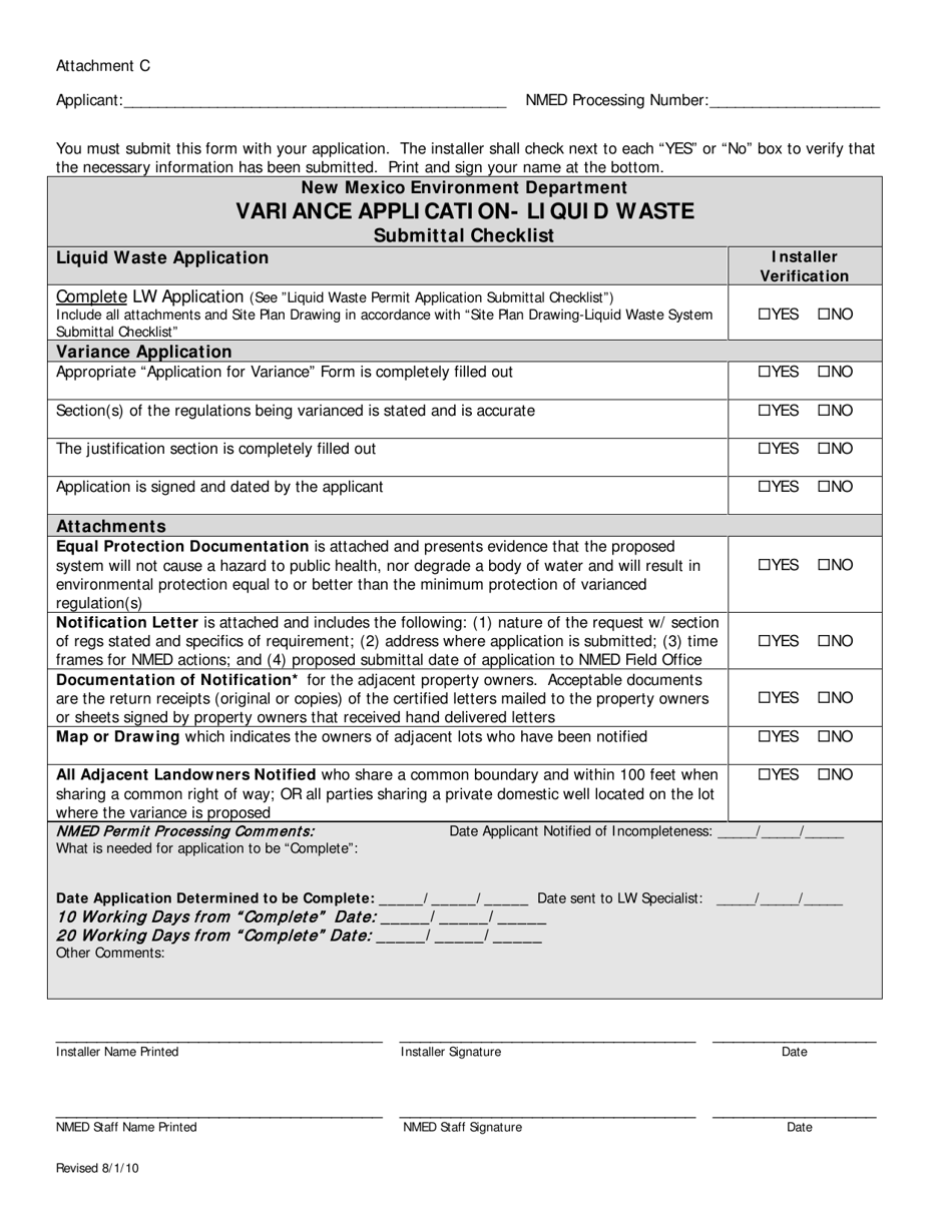 New Mexico Variance Application Liquid Waste Submittal Checklist