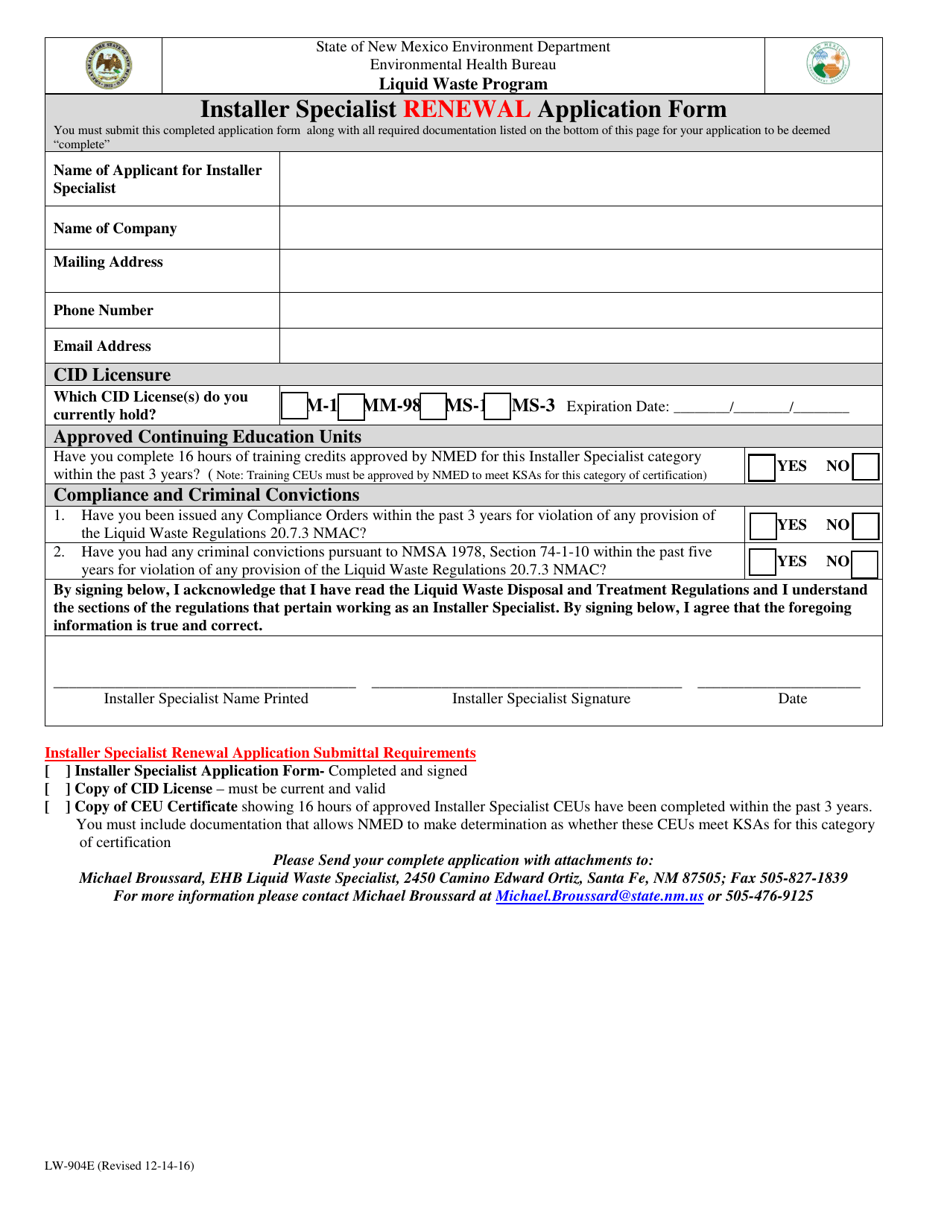 Form LW-904E Installer Specialist Renewal Application Form - New Mexico, Page 1