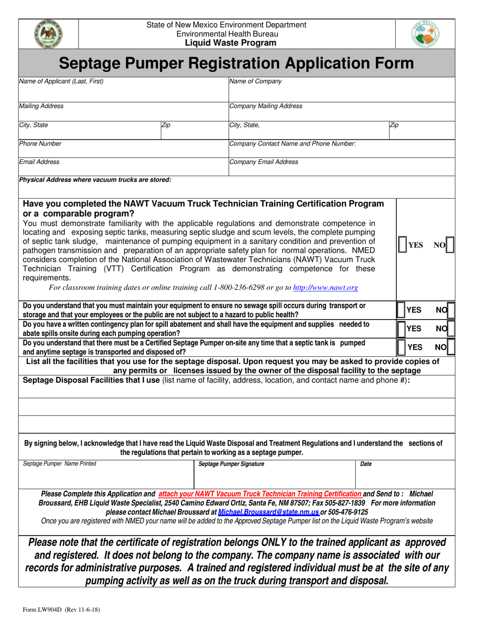 Form LW904D Septage Pumper Registration Application Form - New Mexico, Page 1