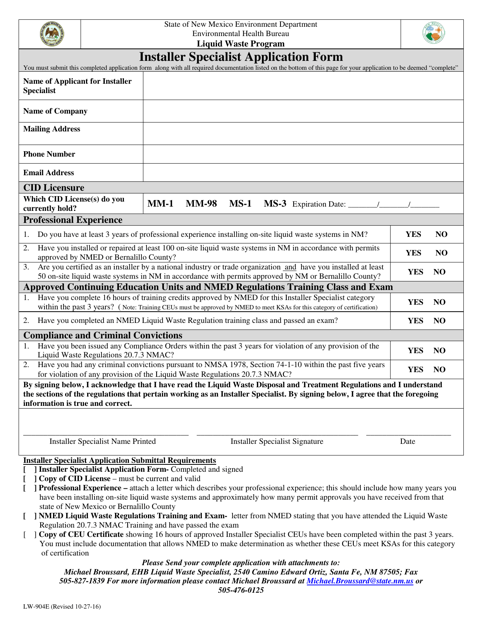 Form LW-904E Installer Specialist Application Form - New Mexico