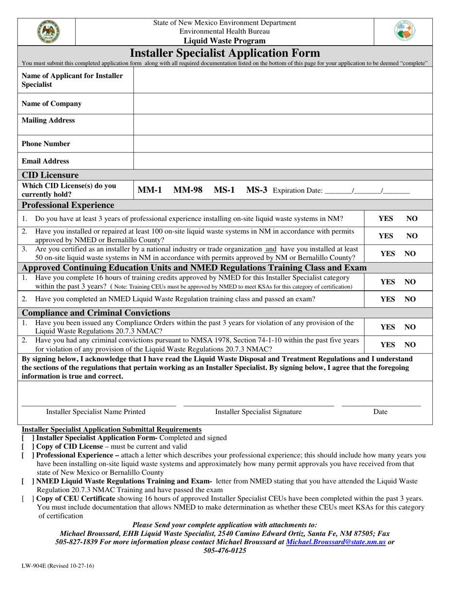 Form LW-904E Installer Specialist Application Form - New Mexico, Page 1