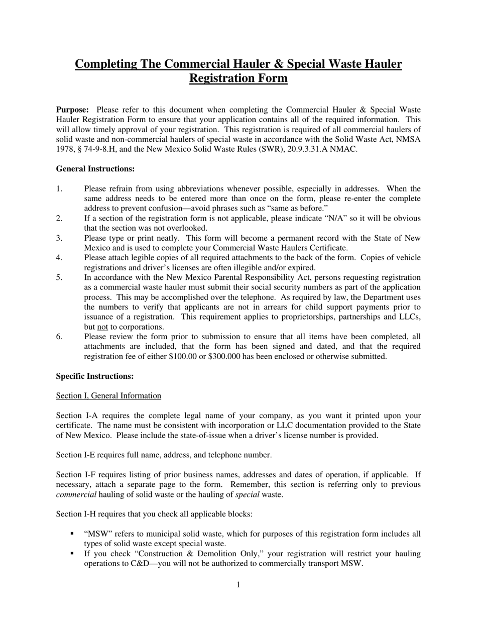 Instructions for Commercial Hauler  Special Waste Hauler Registration Form - New Mexico, Page 1