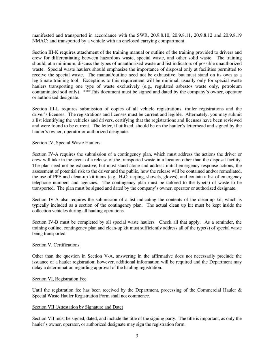 Instructions for Commercial Hauler  Special Waste Hauler Registration Form - New Mexico, Page 3