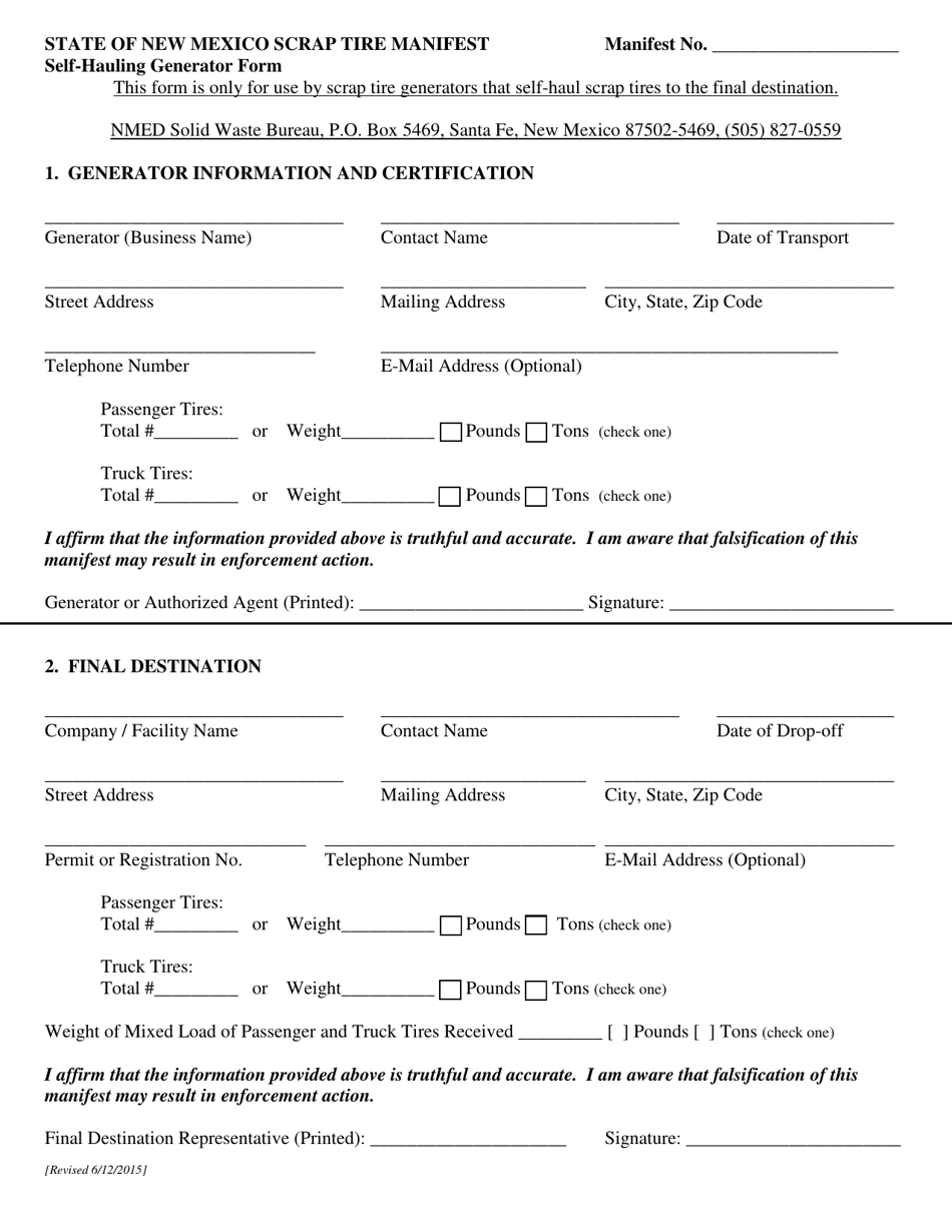 State of New Mexico Scrap Tire Manifest Self-hauling Generator Form - New Mexico, Page 1