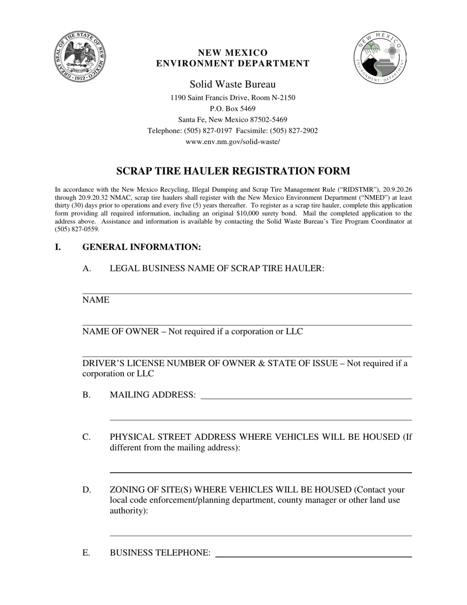 Scrap Tire Hauler Registration Form - New Mexico, Page 1
