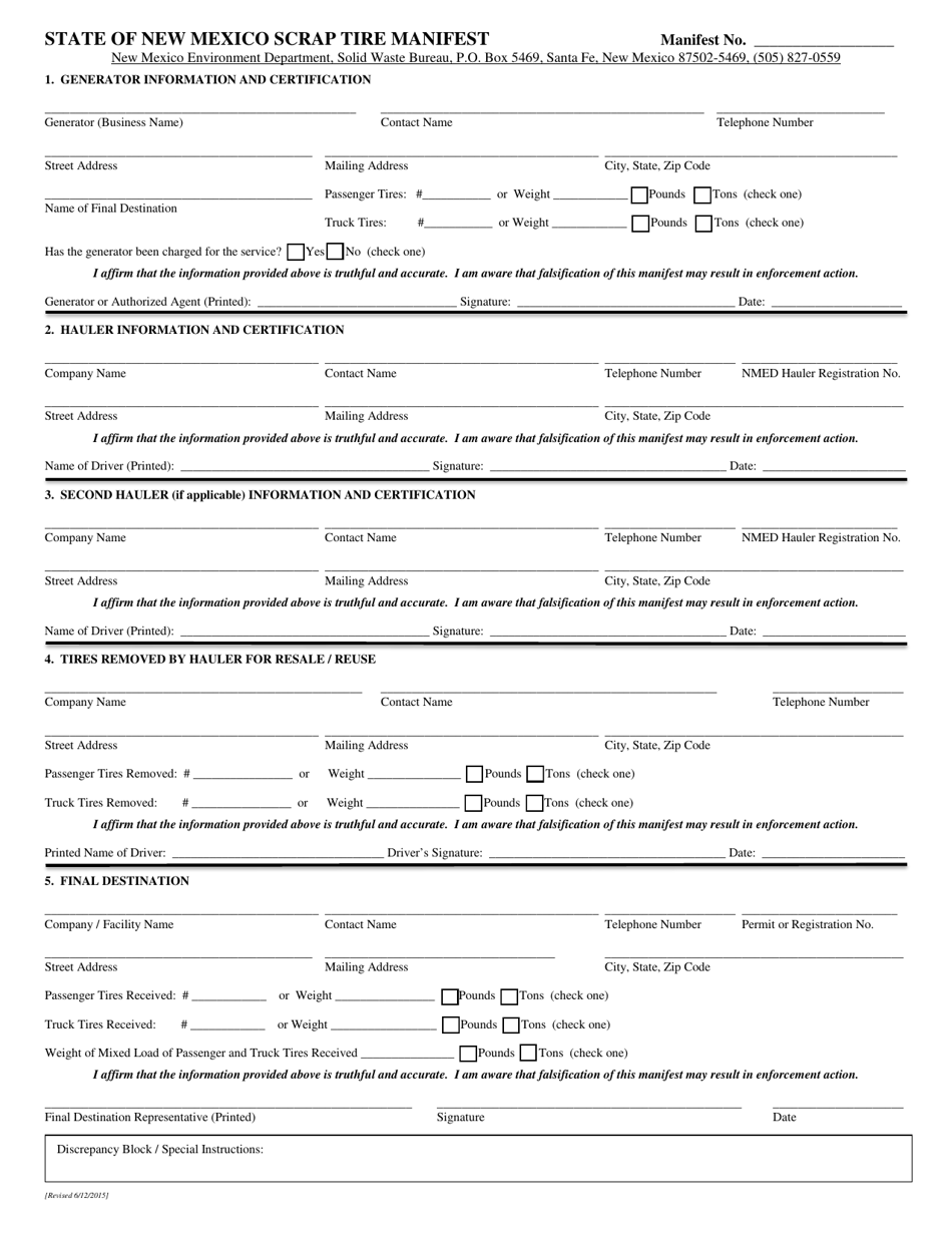 New Mexico State of New Mexico Scrap Tire Manifest - Fill Out, Sign ...