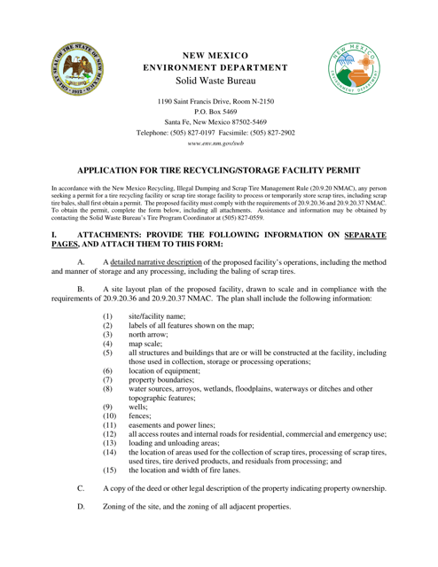 Application for Tire Recycling / Storage Facility Permit - New Mexico Download Pdf