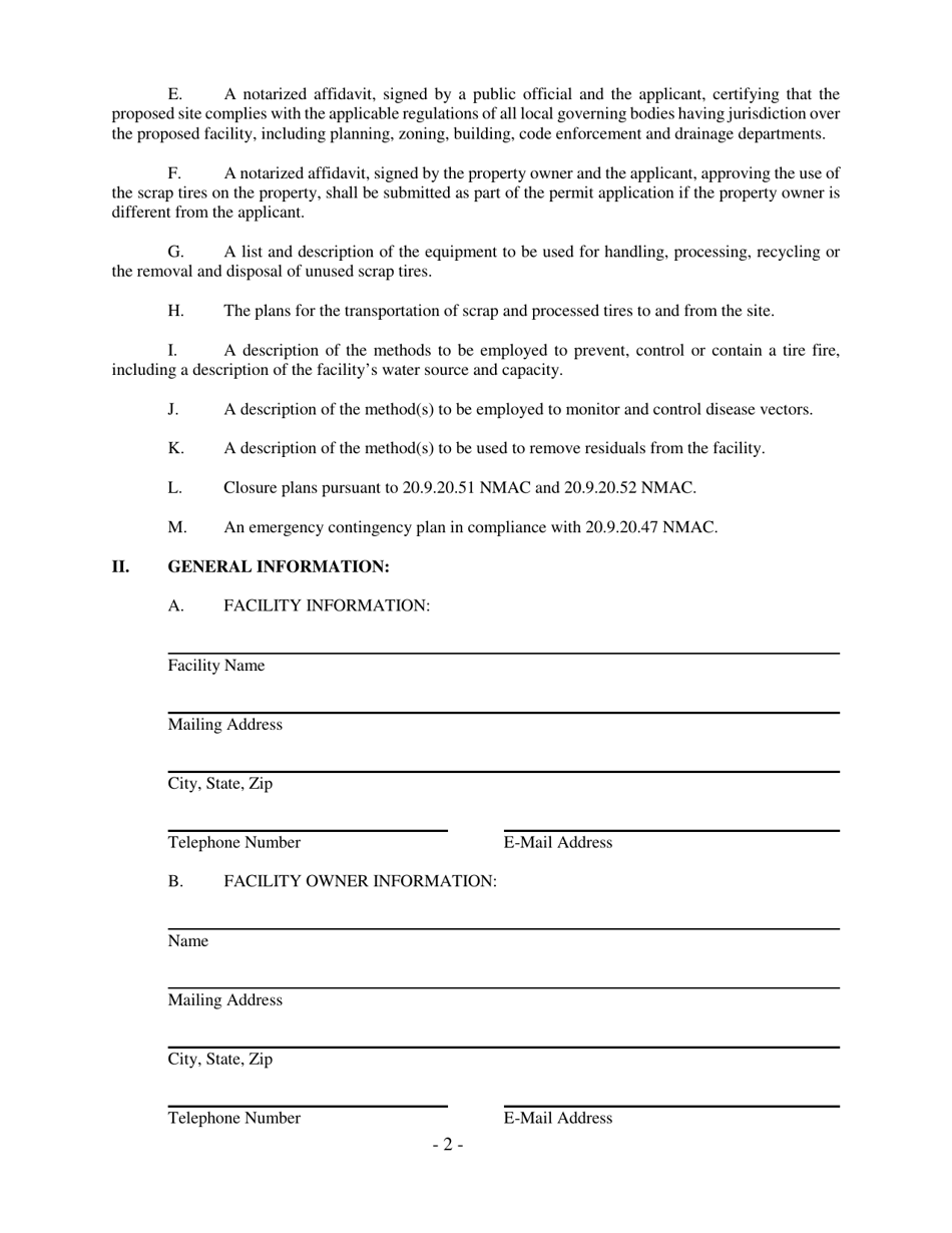 Application for Tire Recycling / Storage Facility Permit - New Mexico, Page 2