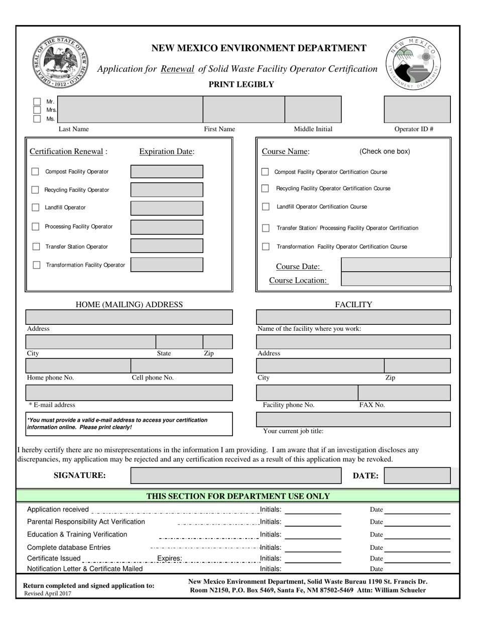 Application for Renewal of Solid Waste Facility Operator Certification - New Mexico, Page 1