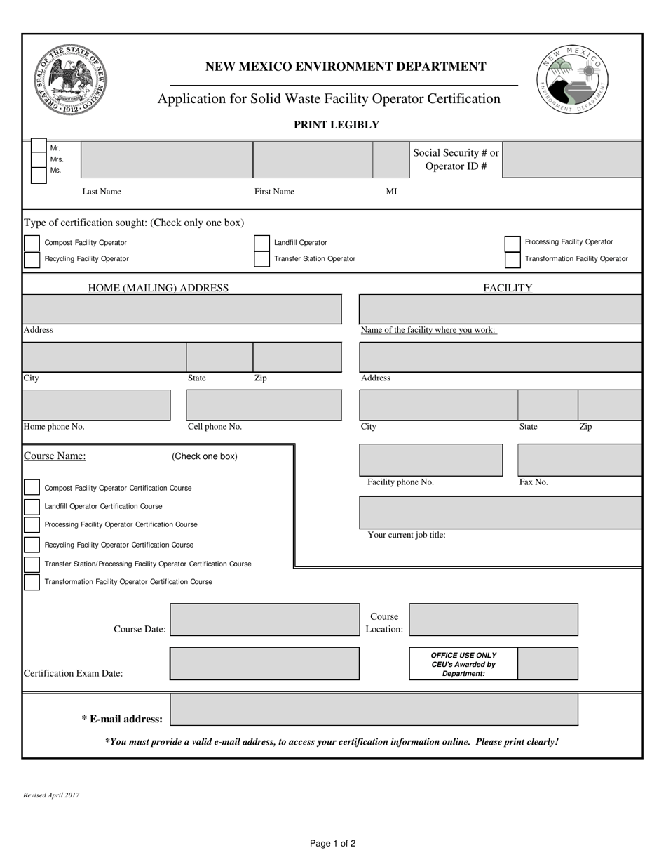 Application for Solid Waste Facility Operator Certification - New Mexico, Page 1