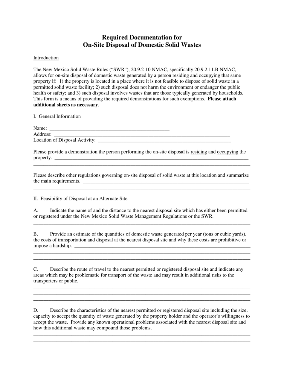 On-Site Disposal of Domestic Waste Request Form - New Mexico, Page 1