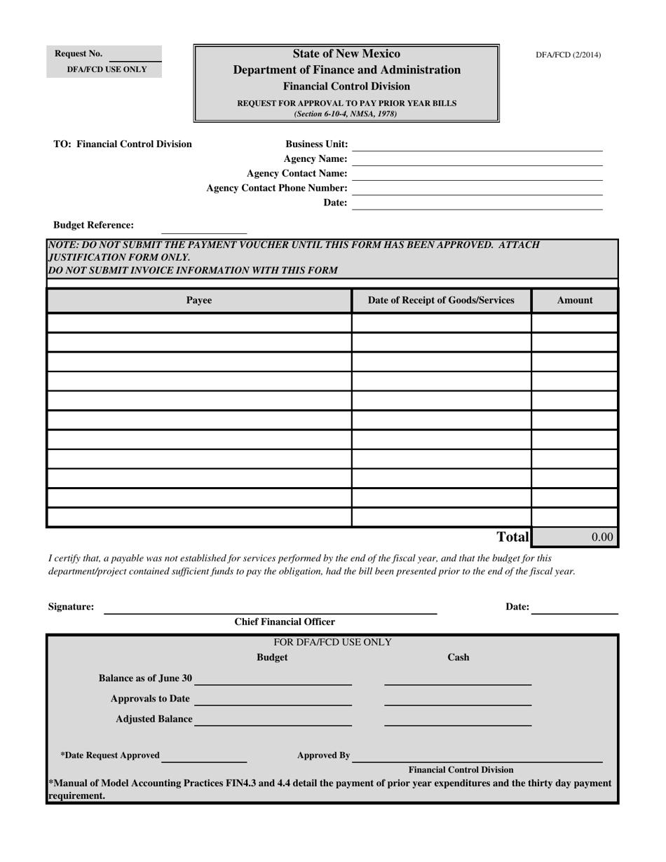 Request for Approval to Pay Prior Year Bills - New Mexico, Page 1