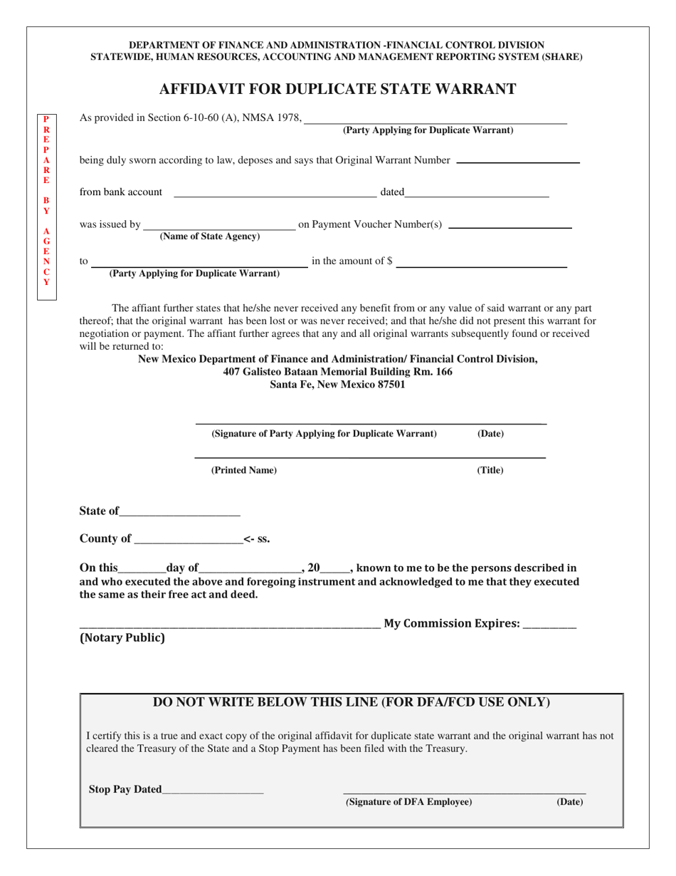 New Mexico Affidavit for Duplicate State Warrant Download Fillable PDF