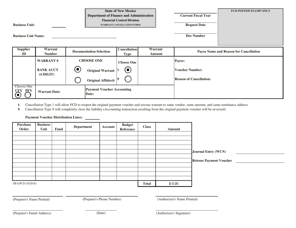 Warrant Cancellation Form - New Mexico, Page 1