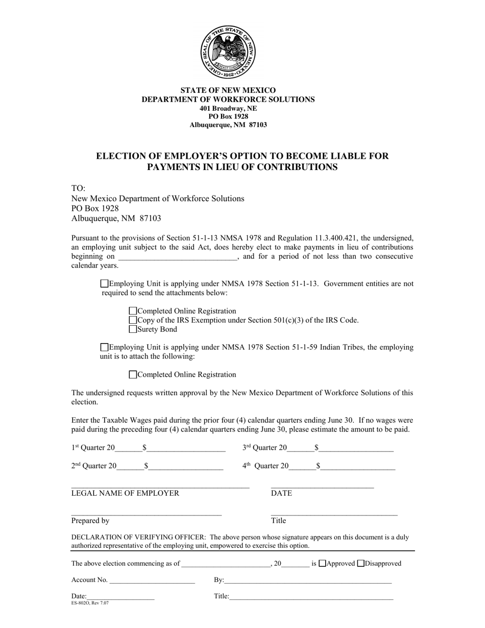Form ES-802O Election of Employers Option to Become Liable for Payments in Lieu of Contributions - New Mexico, Page 1