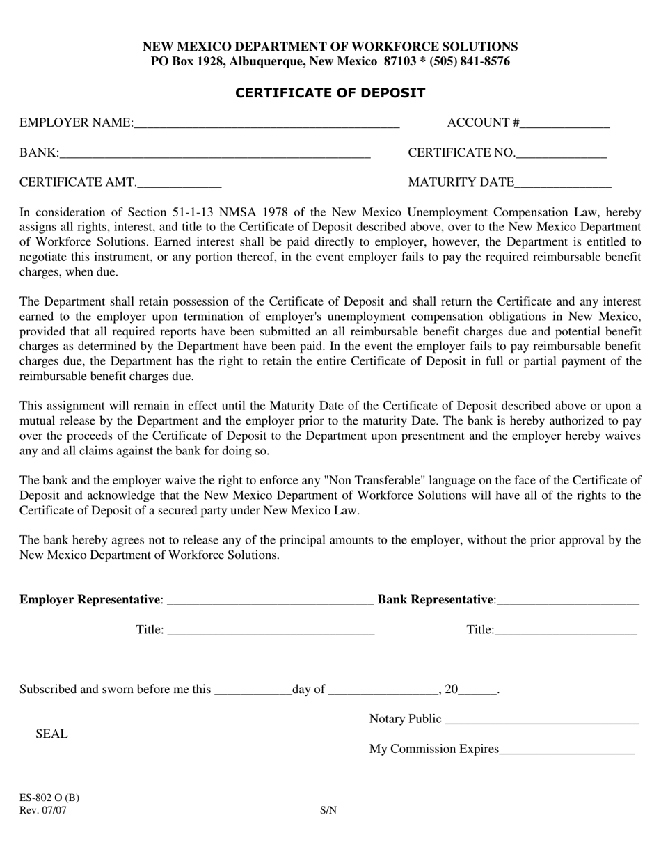 Form ES-802 O(B) Certificate of Deposit - New Mexico, Page 1