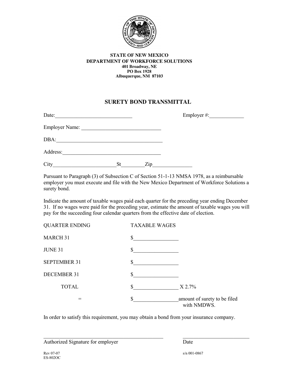 Form ES-802OC Surety Bond Transmittal - New Mexico, Page 1