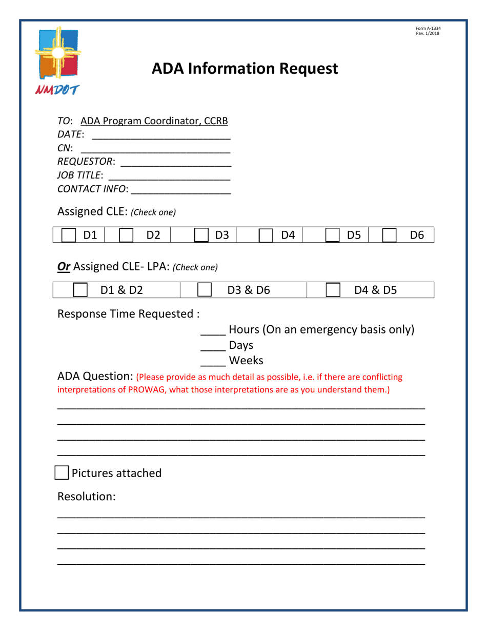 Form A-1334 Ada Information Request - New Mexico, Page 1