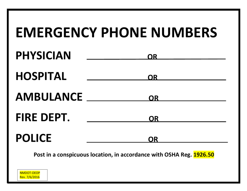 Emergency Phone Numbers - New Mexico, Page 1
