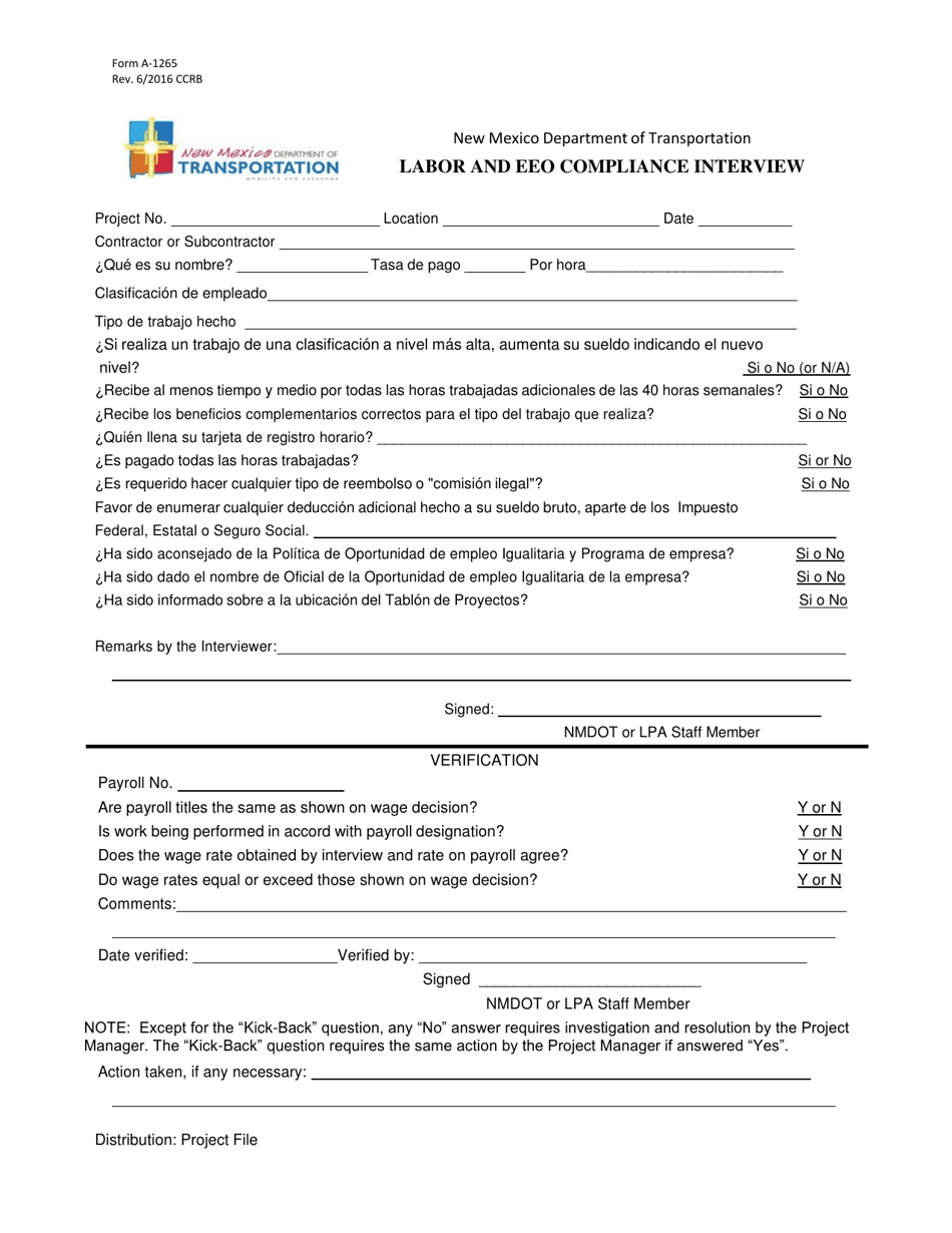 Form A-1265 Labor and EEO Compliance Interview - New Mexico (English / Spanish), Page 1
