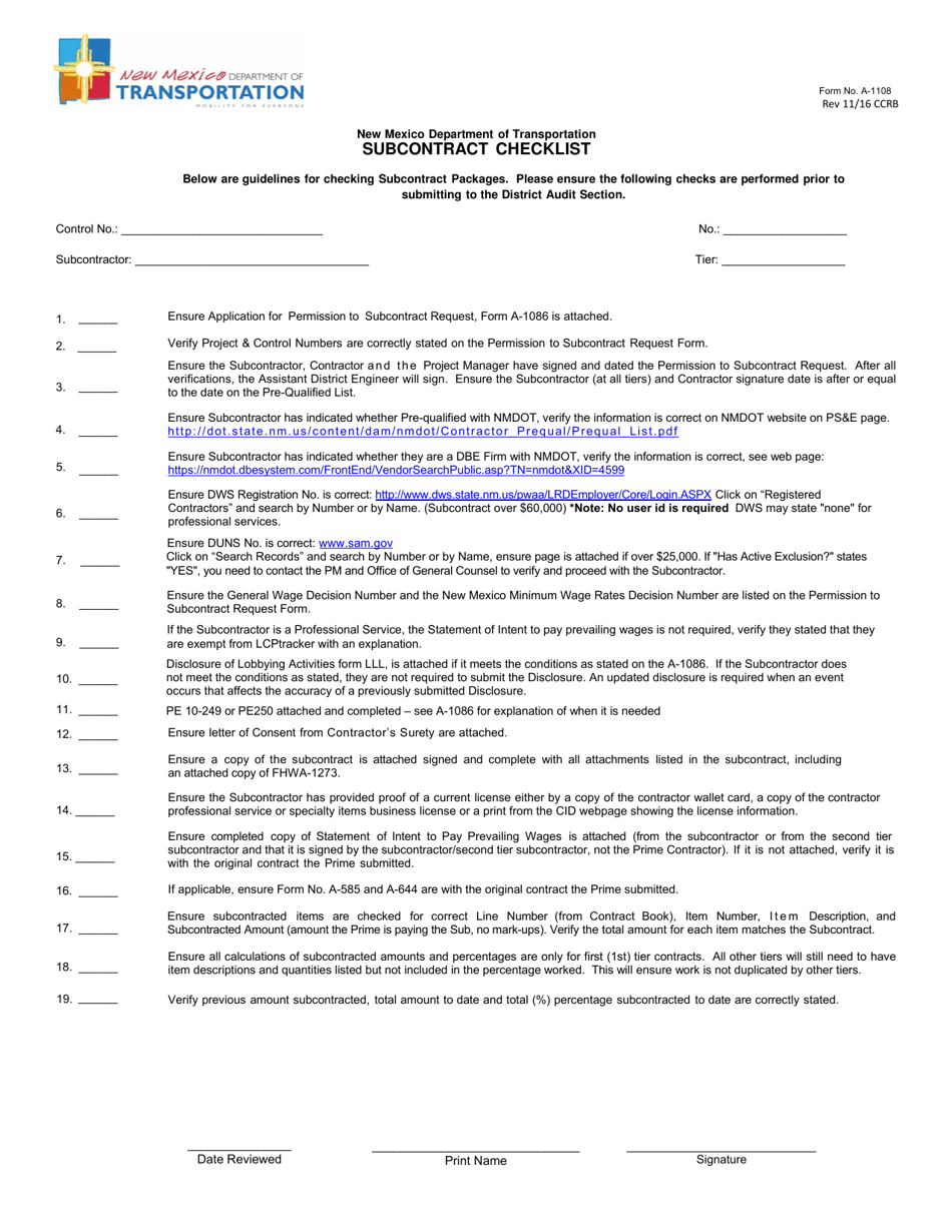 Form A-1108 Subcontract Checklist - New Mexico, Page 1