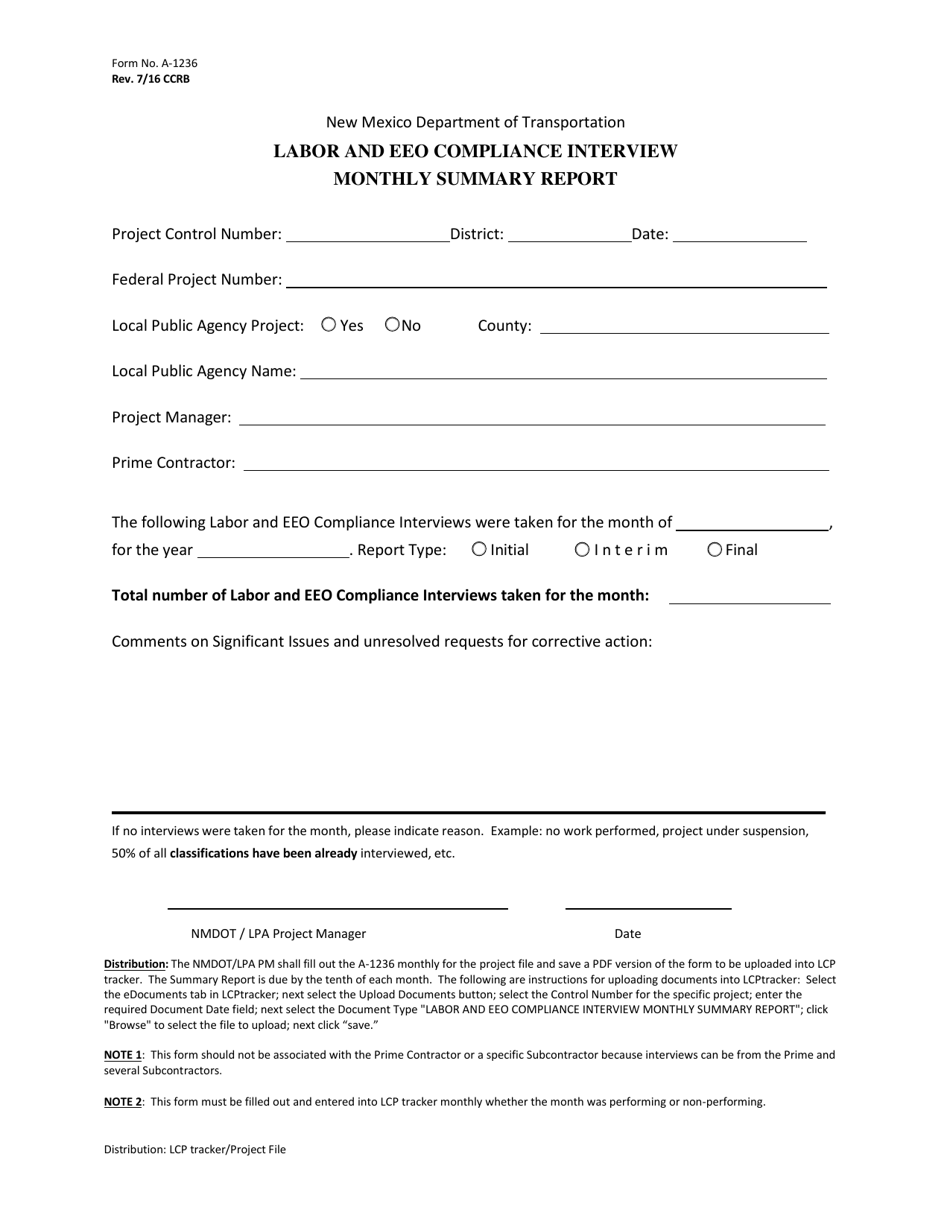 Form A-1236 Labor and EEO Compliance Interview Monthly Summary Report - New Mexico, Page 1
