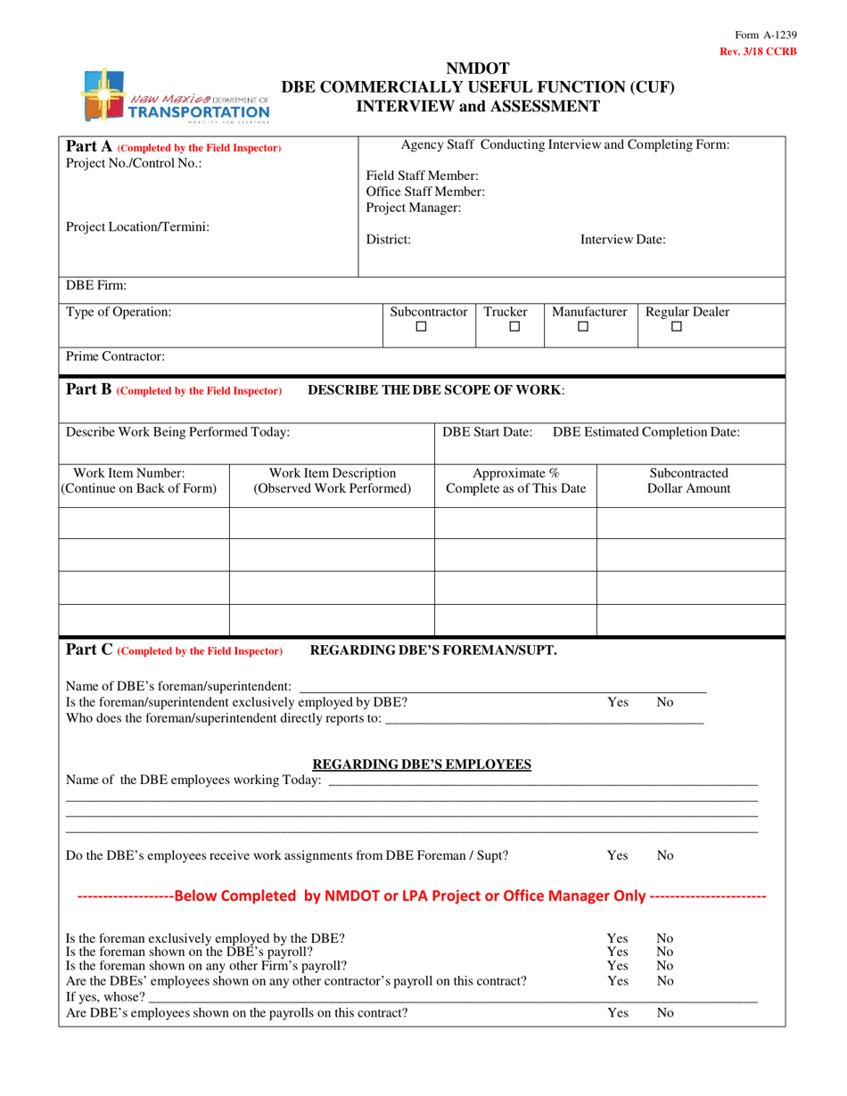 Form A-1239 Dbe Commercially Useful Function (Cuf) Interview and Assessment - New Mexico, Page 1