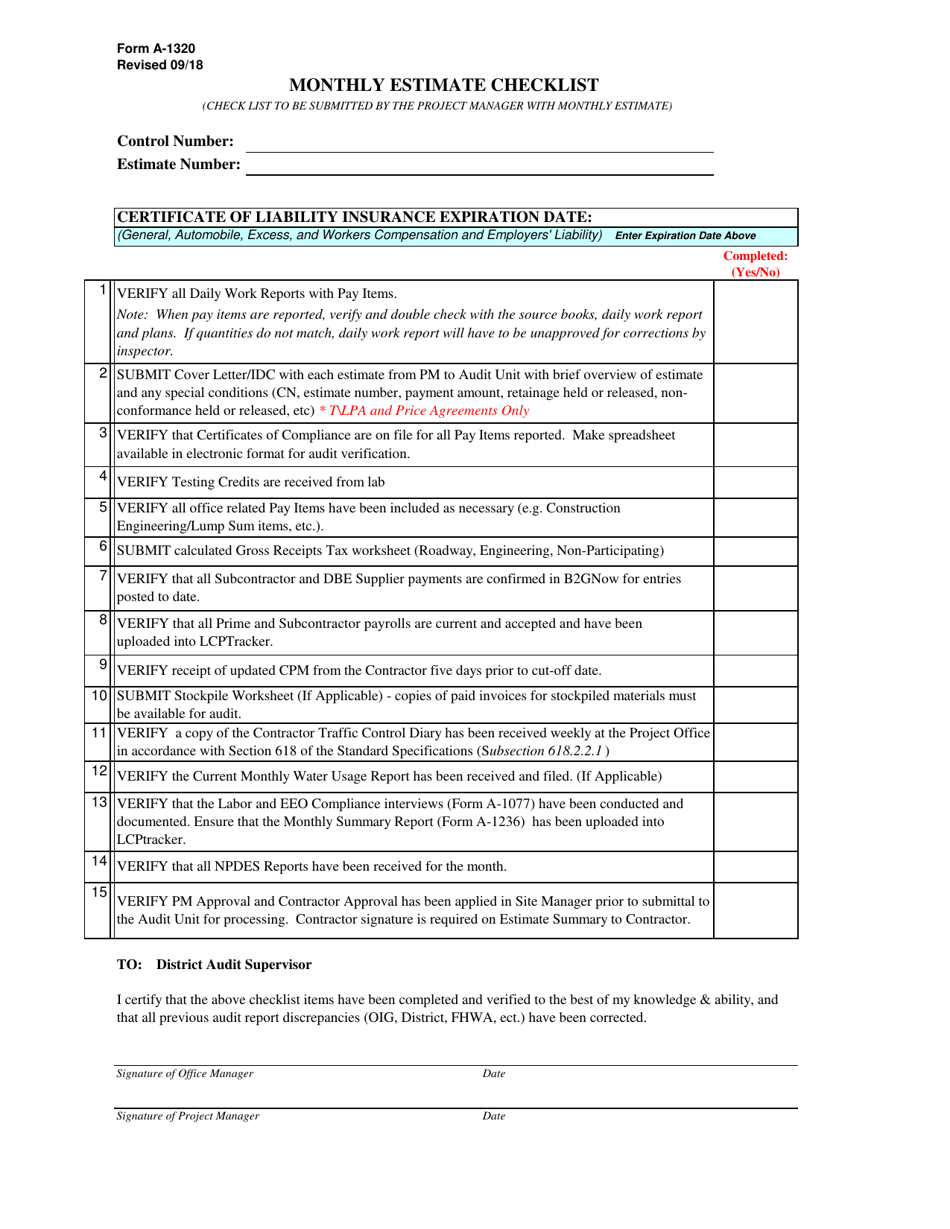 Form A-1320 Monthly Estimate Checklist - New Mexico, Page 1
