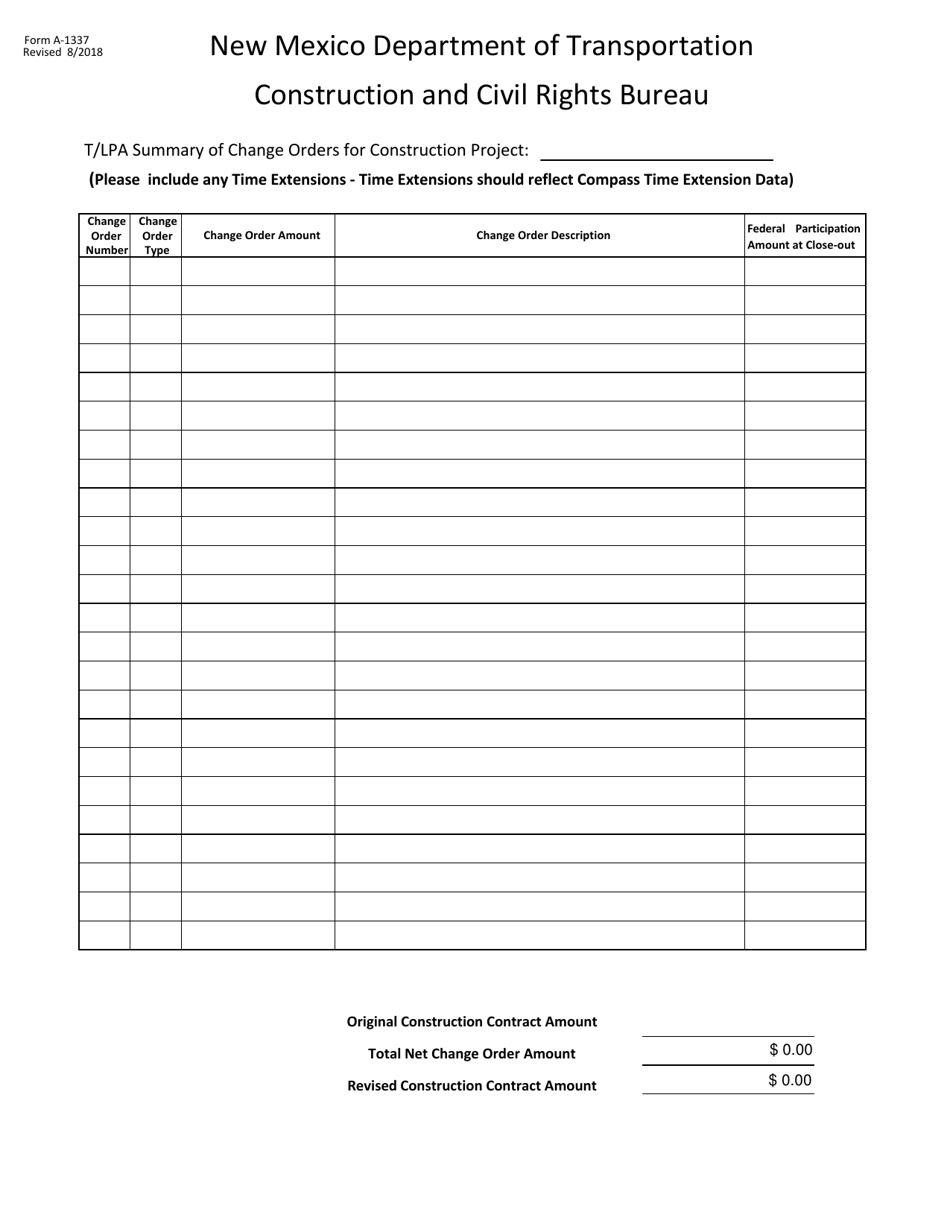 Form A-1337 T/Lpa Projects Summary of Change Orders - New Mexico, Page 1
