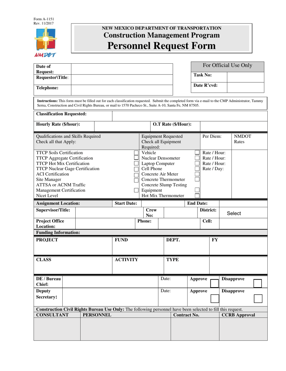 Form A-1151 Personnel Request Form - New Mexico, Page 1