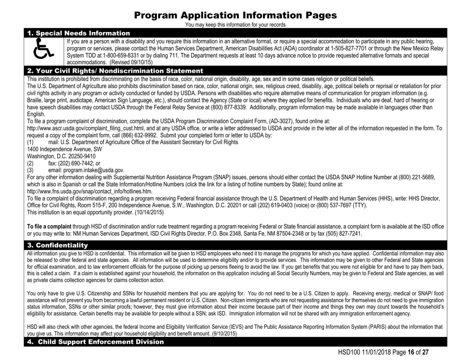 Form HSD100 Application for Assistance - New Mexico, Page 16
