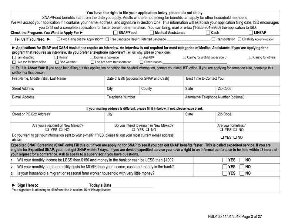 Form HSD100 Application for Assistance - New Mexico, Page 3