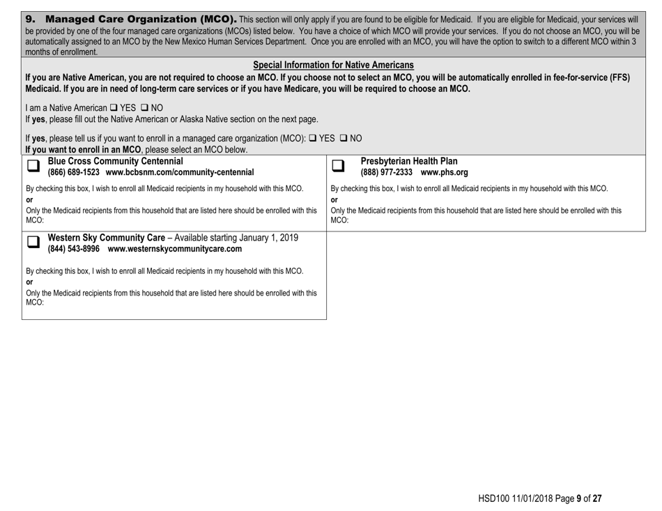 Form HSD100 Application for Assistance - New Mexico, Page 9