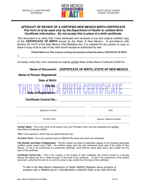 Affidavit of Review of a Certified New Mexico Birth Certificate - New Mexico Download Pdf