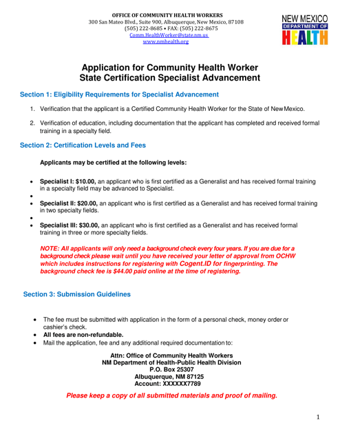 Community Health Worker State Certification Specialty Track Advanced Application - New Mexico Download Pdf