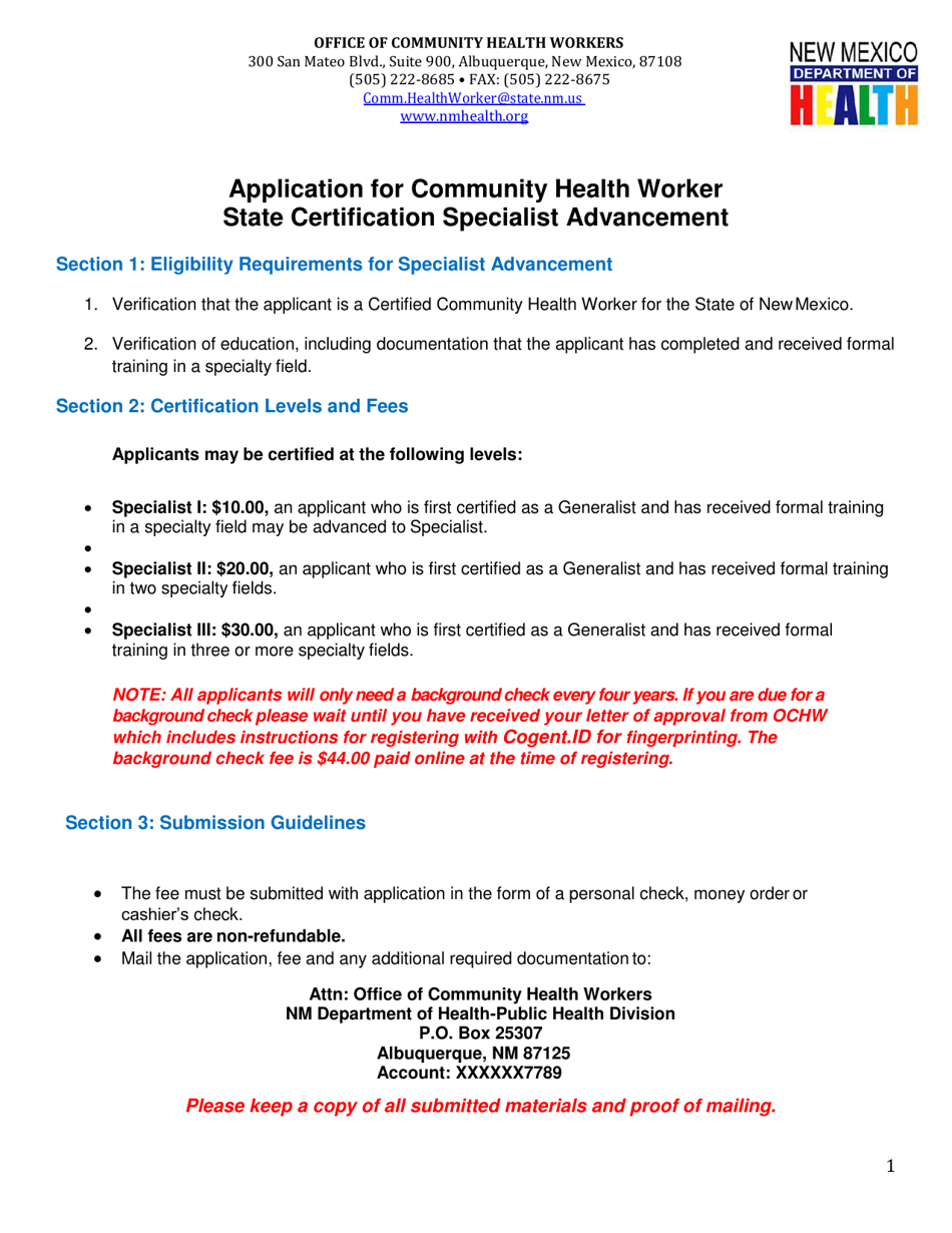 Community Health Worker State Certification Specialty Track Advanced Application - New Mexico, Page 1