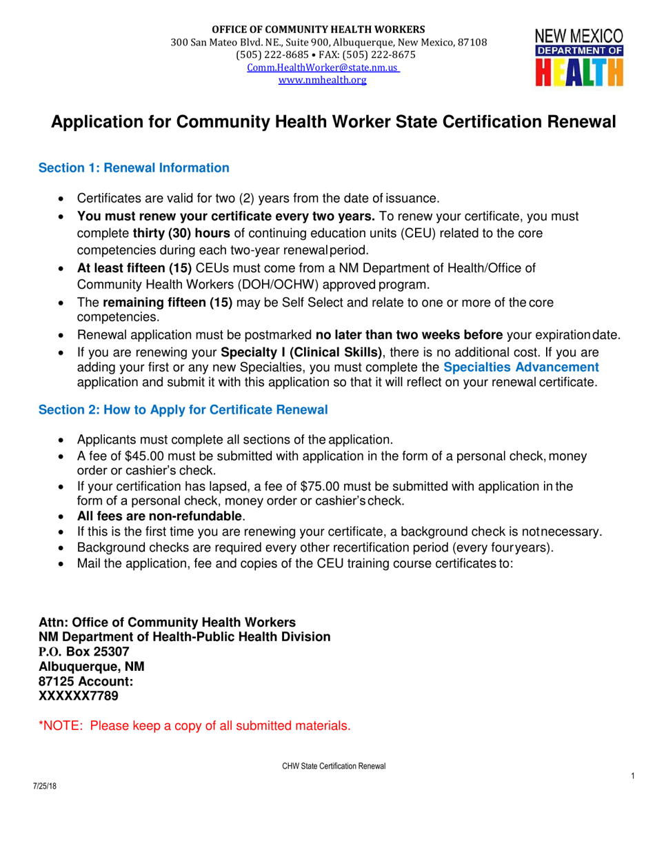 Application for Community Health Worker State Certification Renewal - New Mexico, Page 1