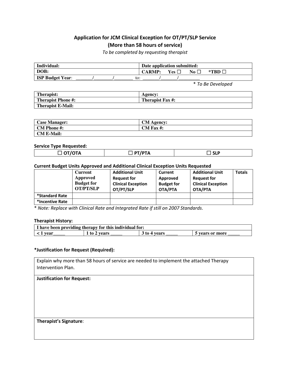 Application for Jcm Clinical Exception for Ot / Pt / Slp Service (More Than 58 Hours of Service) - New Mexico, Page 1