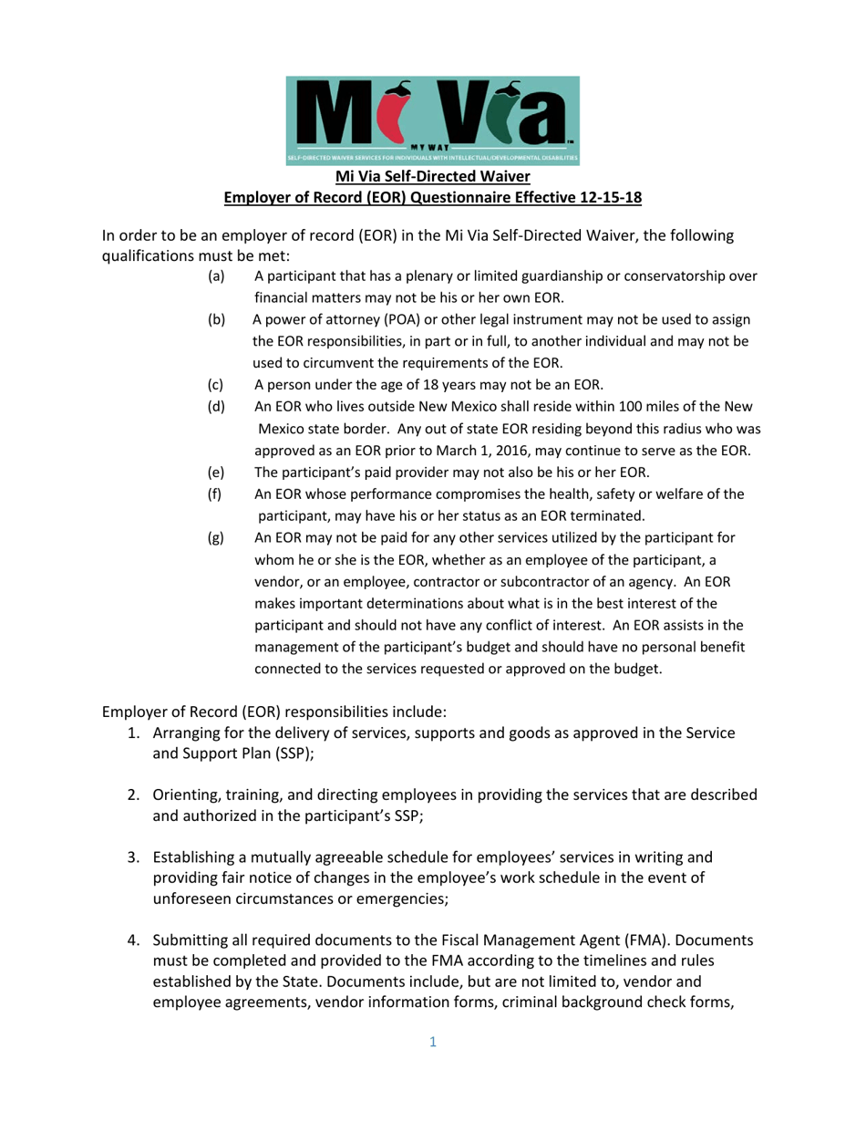 Mi via Self-directed Waiver: Consultant Services Employer of Record Questionnaire - New Mexico, Page 1