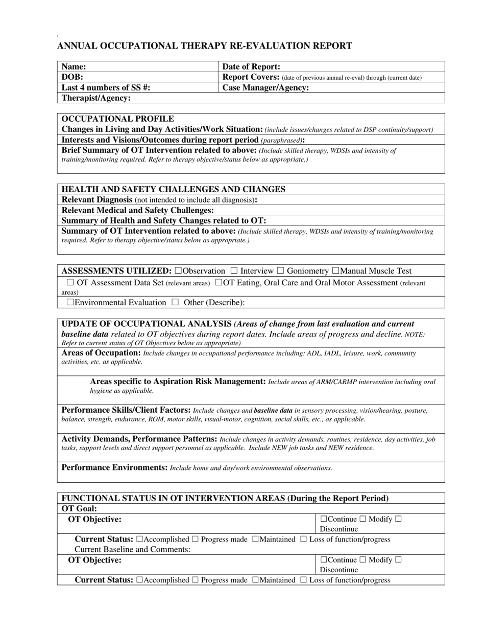 Annual Occupational Therapy Re-evaluation Report - New Mexico, Page 1
