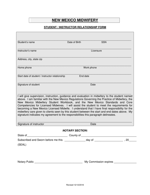 Licensed Midwifery Student / Instructor Relationship Form - New Mexico Download Pdf