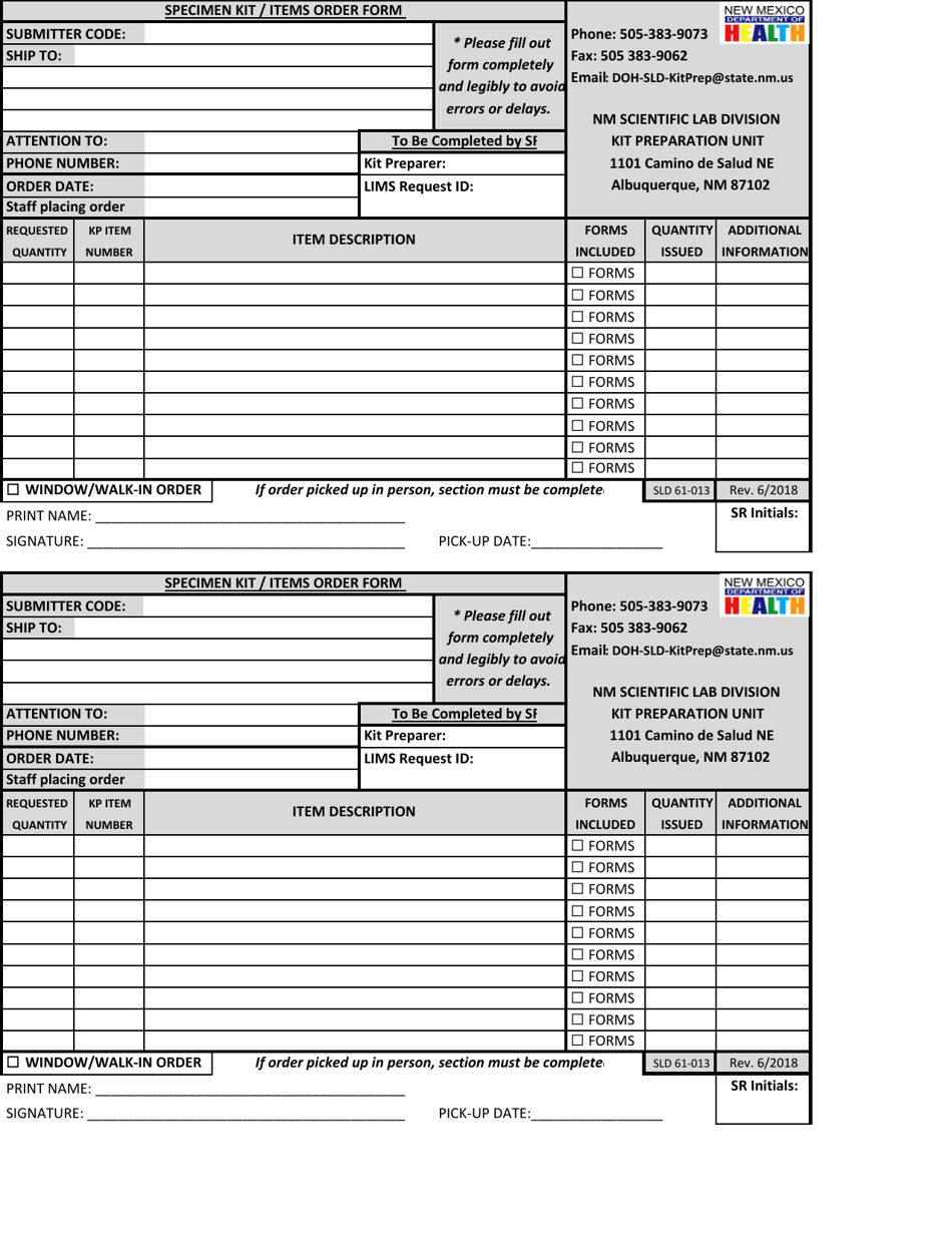 Specimen Kit / Items Order Form - New Mexico, Page 1