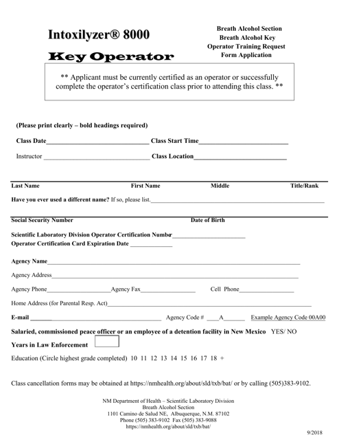 Breath Alcohol Key Operator Training Request Form - New Mexico Download Pdf
